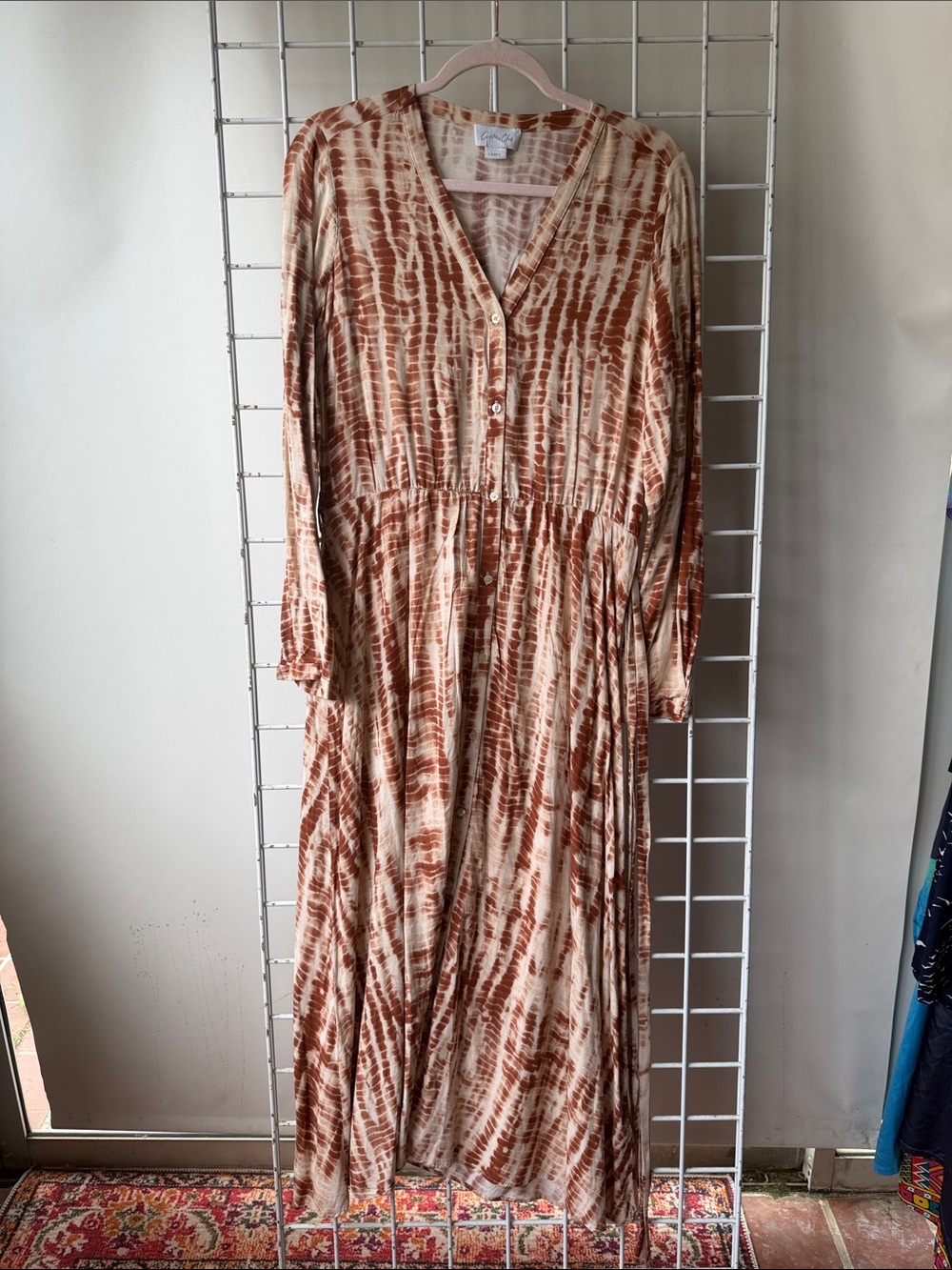Long Tie-Dye Button-Front Maxi Dress in Brown Cream Size Large